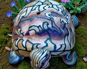 Vintage Folk Art Turtle Figurine - Colorful Whimsical Mini Sculpture - Coastal Decor