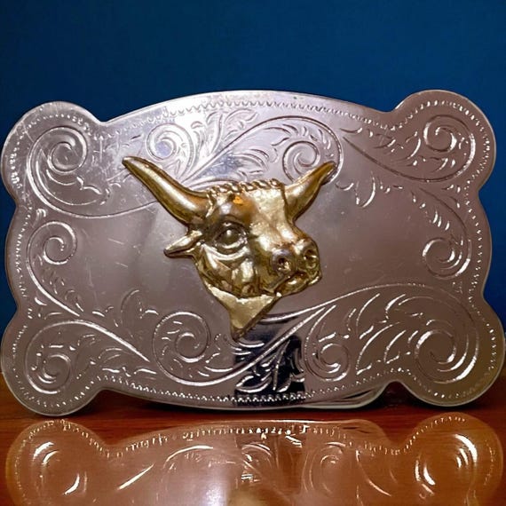 Long Horn Bull Western Belt Buckle HPDDIN Vintage Western Belt, Longhorn Bull Buckle, Cowboy  main image 3