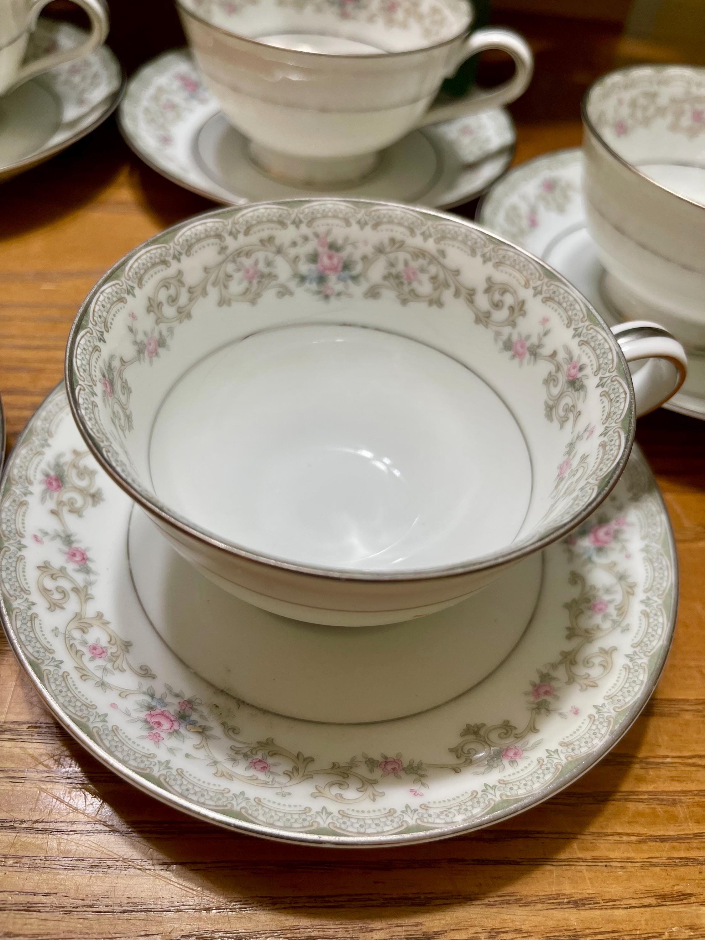 Vintage Noritake Edgewood Teacup and Saucer Set: Pink & Blue Floral, Platinum Trim