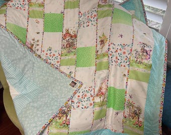 Handmade Whimsical Fairy Garden Baby Quilt: Storybook Blanket 44 x 41.5 Nursery Gift
