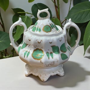 May include: White ceramic sugar bowl with a lid and two handles. The bowl is decorated with green and gold floral designs. The lid has a ring handle. The bowl sits on a decorative base.