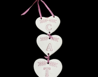 Handmade CAT Hanging Heart Ornament - Pink and White Ceramic Decor - 11"