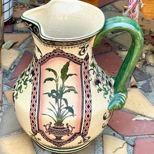 Vintage Chinese Porcelain Pitcher: Crackle Glaze, Botanical Design