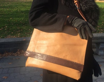 A.Poncé ciervo cuero archivo portátil multifunción bolsillos mano silla de montar Stiched 2 tono marrón cordobés.