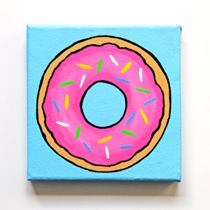 Dipinto Pop Art di ciambella: glassa rosa, granelli, tela in miniatura