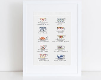 PATTERN: Ten tea cup china patterns pdf cross stitch chart - instant download