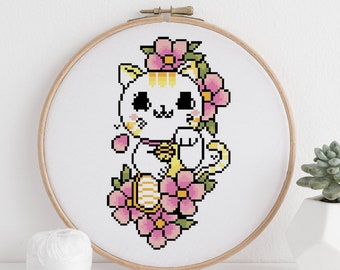 PATTERN: Maneki Neko Good Luck Cat pdf cross stitch chart - instant download