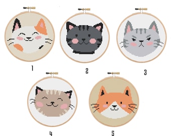 PATTERN: five cute cat faces --  pdf cross stitch chart - instant download