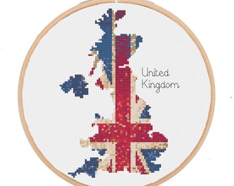 PATTERN: Antique United Kingdom Map Silhouette and Union Jack pdf cross stitch chart - instant download