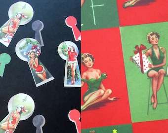 Retro Pinup Christmas Wrapping Paper Novelty Risque 50s Double Sided Keyhole Decoration KiTSCHY Pin up Kitschmas Cutie Santa Gift Wrap