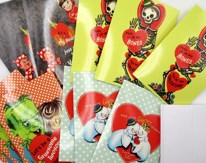 Retro Halloween Valentine Note Card Pack Ghost Devil Frankenstein