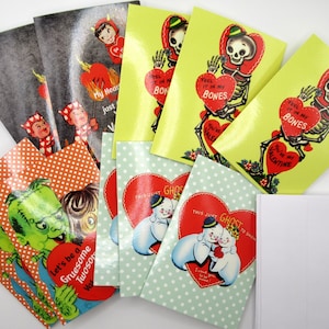 Paquete de tarjetas retro de Halloween para San Valentín, diseño de esqueleto de Frankenstein, diablo fantasma, estilo vintage, tarjeta de San Valentín de los años 40 y 50, juego de 12