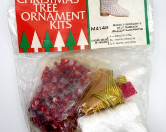 Vintage 70s Walco Ornament Craft Kit 3 Mini Santa Boots Sequin Christmas Trees Kitschmas M4148 Beaded Red & White Iris Elves 1972