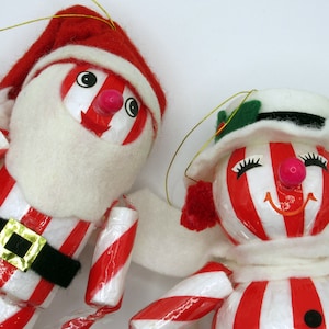 Vintage Peppermint Sweetie Christmas Craft Pick Tree Ornament Kitschmas Red White Stripe Old Stock Santa Snowman Door Mouse Mrs. Claus