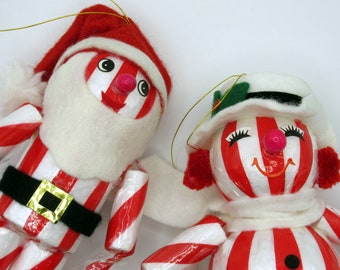 Vintage Peppermint Sweetie Christmas Craft Pick Tree Ornament Kitschmas Red White Stripe Old Stock Santa Snowman Door Mouse Mrs. Claus