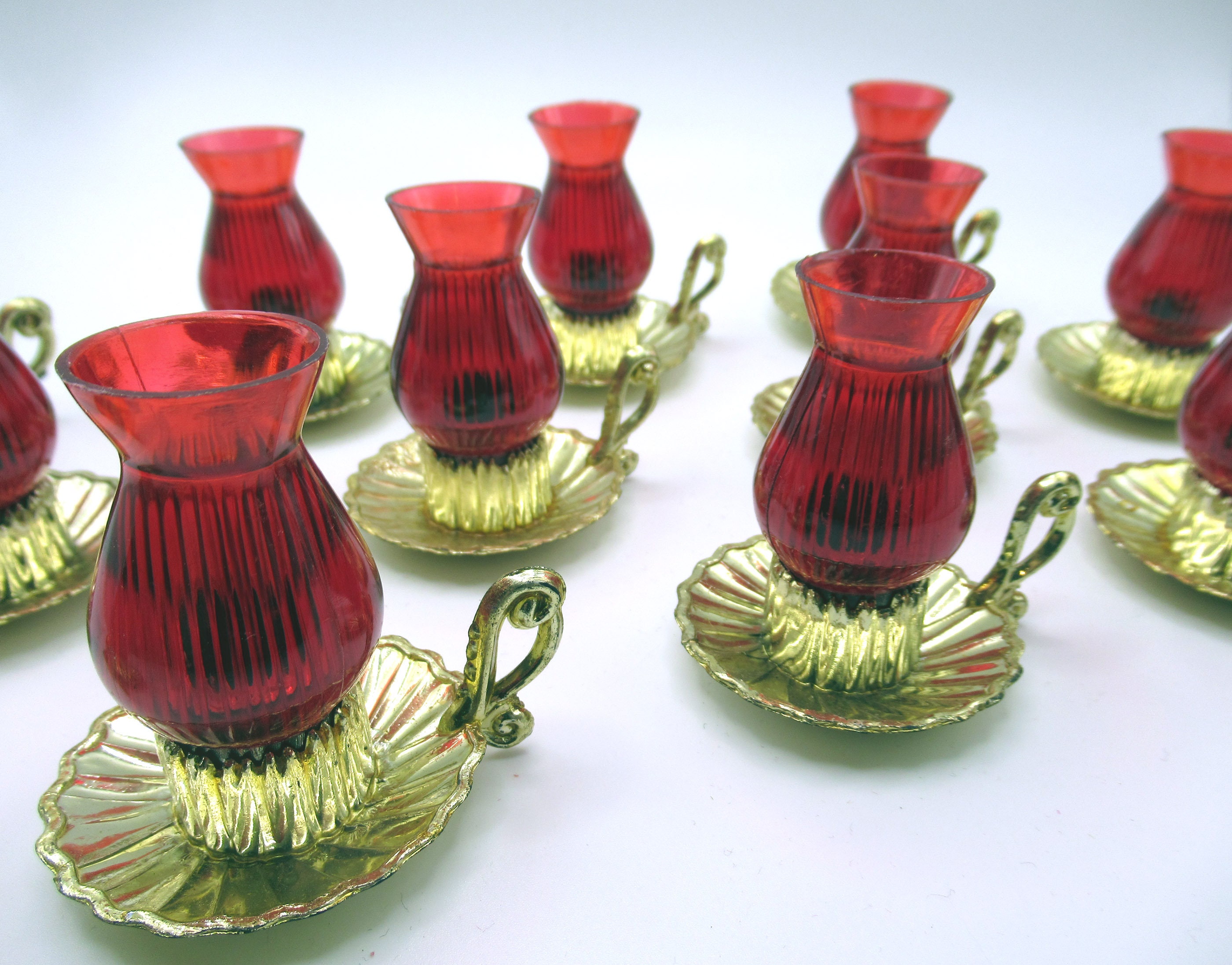 Vintage  Candlestick Lantern Light Cover 60s 70s  Craft Gold & Red  Holly Christmas Trees Kitschmas Dozen