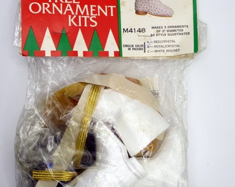 Vintage 70s Walco Ornament Craft Kit 3 Mini Santa Boots Sequin Christmas Trees Kitschmas M4148 Beaded Royal Blue & Crystal Elves