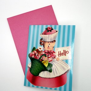 Tarjeta navideña y sello de estilo retro vintage de Candy Girl de los años 40 y 50, novedosa tienda de dulces, pin-up, bastón de caramelo azul, regalo Kitschmas para Año Nuevo, juego de 10