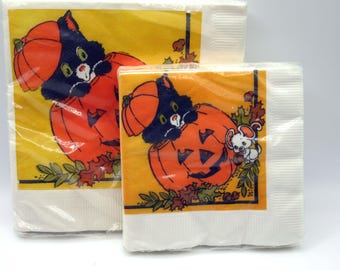 NOS Vintage Halloween Tovaglioli JOL Zucca Gatto Nero Carta 2 Confezioni Bevande Pranzo American Greetings Jack-o-Lantern Kitsch Anni &#39;80 Festa
