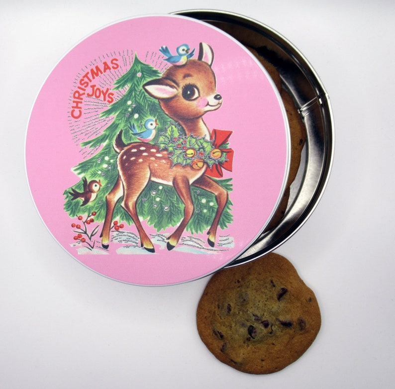 Retro Christmas Cookie Tin Darling Deer Holiday Container Pink 1