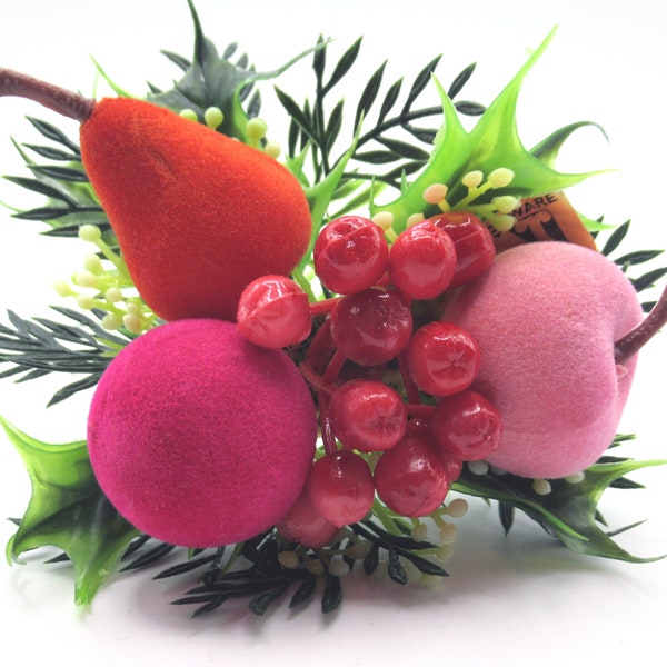 Vintage 60s Flocked Fruit Christmas Craft Pick Tree Ornament  Kitschmas Holly Pear Apple Berries Old Stock Pink Red