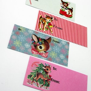 Paquete de etiquetas de regalo retro con diseño de ciervo querido, estilo vintage, tarjeta navideña de los años 40 y 50, regalo novedoso de bastón de caramelo azul, paquete de 20 kitsch para Año Nuevo