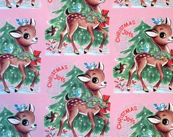 Retro Darling Deer Christmas Wrapping Paper Novelty 50s Decoration KiTSCHY Pinup Fawn Kitschmas Cutie Pink Blue Bird