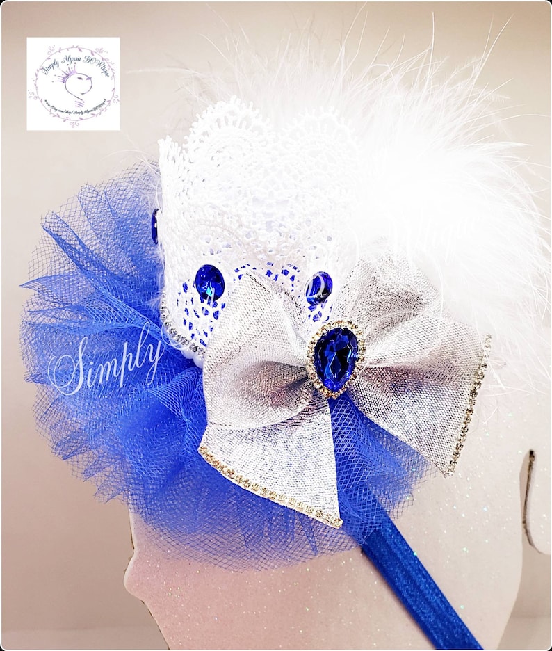 5 Beautiful handmade Lace crown Headband with Royal blue tulle,pearls,silver feathers,crystal rhinestones on an elastic headband