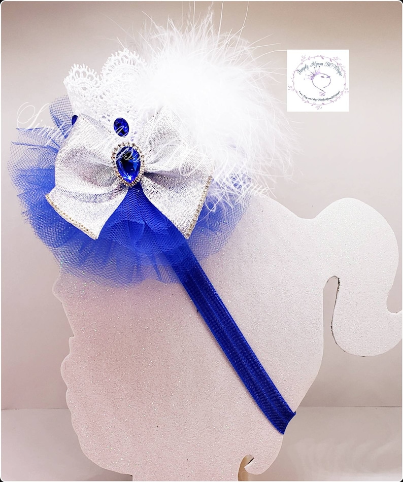 5 Beautiful handmade Lace crown Headband with Royal blue tulle,pearls,silver feathers,crystal rhinestones on an elastic headband