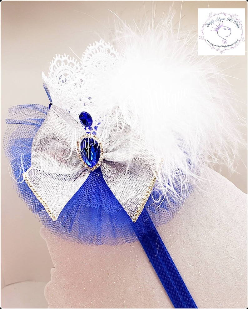 5 Beautiful handmade Lace crown Headband with Royal blue tulle,pearls,silver feathers,crystal rhinestones on an elastic headband