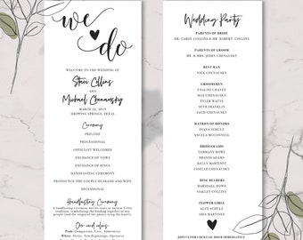 Modern Wedding Program Template,  Instant Download, Printable Ceremony card, DIY Program Card,