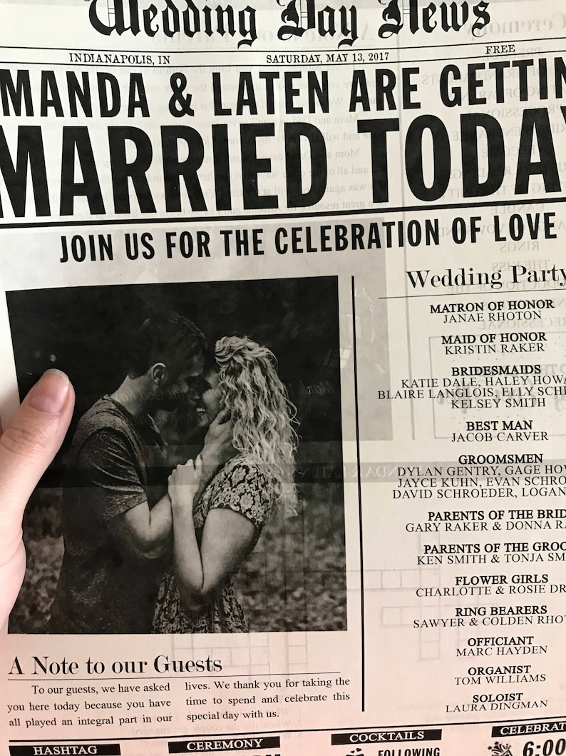 May include: A black and white newspaper announcement for a wedding. The headline reads "Manda & Laten Are Getting Married Today". The announcement includes the names of the wedding party members and the time of the wedding ceremony.