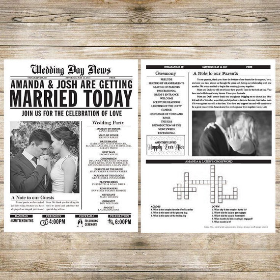 Printed Wedding Newspaper Program Customizable