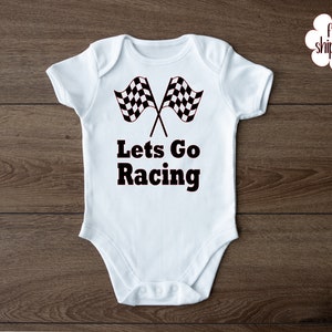 Let’s go racing baby bodysuit, checkered flags, baby gift