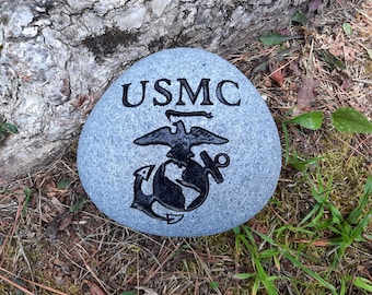 USMC Eagle Globe Anchor Sandcarved River Stone, Marine Corps Emblem Art