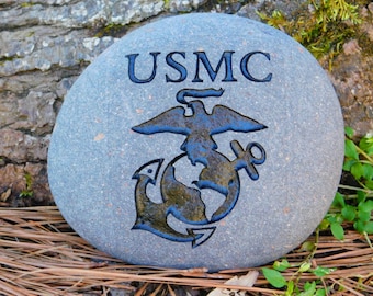 United States Marine Corps Eagle Globe Anchor engraved river stone. USMC, EGA, Marines, Marine Corps, Marine Corps Emblem, Jarhead