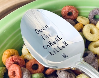 Custom cereal killer spoon, Personalized cereal spoon, Hand stamped Silverplate tablespoons, Custom name cereal spoons, Fun gifts for kids