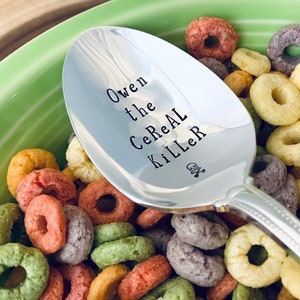 Custom cereal killer spoon, Personalized cereal spoon, Hand stamped Silverplate tablespoons, Custom name cereal spoons, Fun gifts for kids
