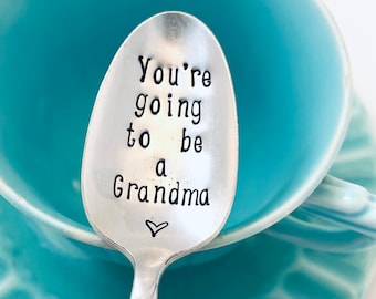 Custom pregnancy spoons, Pregnancy announcement ideas, Vintage hand stamped spoons, Engraved coffee teaspoons, You’re going to be a grandma