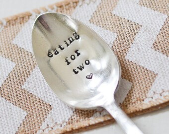 Pregnancy Gift Eating for Two Fork Vintage Silver Plated Mothers Day Gift Handstamped Message Dessert Cake Dinner Spoon New Mom