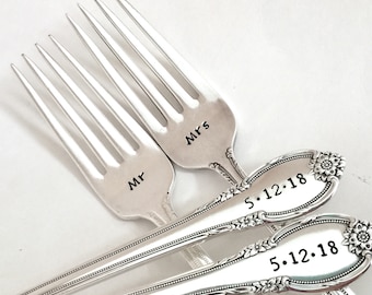 Wedding Dining Set Forks Gift Custom Flatware Personalized Kitchen Present Custom Initials Anniversary Engagement Silver Stainless Steel Date Names Bride Groom Mr Mrs