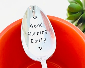 Customized spoons, Vintage Silverplate teaspoons, Hand stamped coffee spoon, Grandparent gifts, Personalized name spoons, Good Morning Spoon