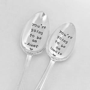 Pregnancy reveal spoons - vintage hand stamped spoon set of two spoons - engraved silver plate spoons - fun baby reveal ideas