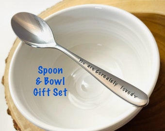 Cereal bowl & spoon set, Ready to ship stainless steel engraved spoon and cereal bowl gift, Hand stamped cereal spoons, Cereal Shovel