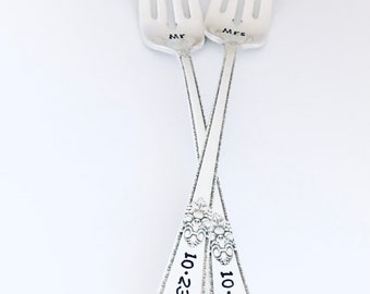 Made to order custom wedding forks, Hand stamped wedding cake forks, Engagement forks, Bridal shower gift, Add a wedding date forks