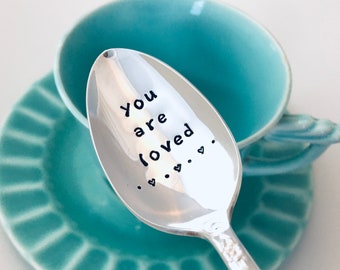 Vintage hand stamped spoons, You are loved spoons, Silver plated teaspoons, Custom hand stamped spoons, Spoons for grandparents & kids