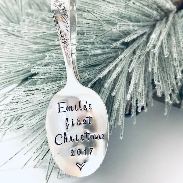 Baby’s first Christmas ornament, Silverplate baby spoon ornament, Customized baby ornament, Custom hand stamped 1st ornaments