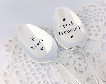 Custom anniversary spoons, Vintage hand stamped spoons, Cute coffee spoons for couples, Wedding anniversary cake spoons, Spooning since