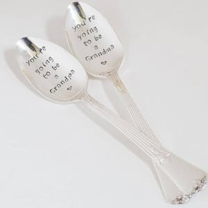 Pregnancy reveal spoon You're going to be a Grandma / Grandpa spoon Vintage hand stamped spoon set Grandparent Reveal image 2