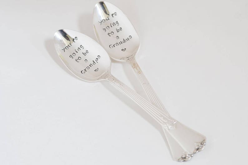 Pregnancy reveal spoon You're going to be a Grandma / Grandpa spoon Vintage hand stamped spoon set Grandparent Reveal image 2